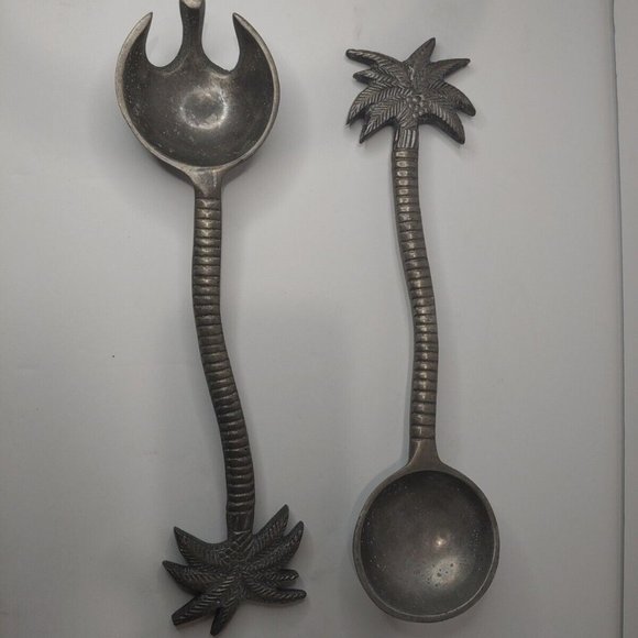 Vintage IHI India Cast Pewter Palm Tree Salad Serving Spoon & Fork Set 13" - Picture 6 of 7